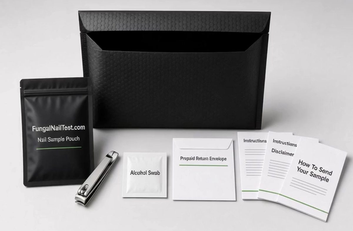 FungalNailTest.com kit: nail sample pouch, nail clipper, alcohol swab, prepaid return envelope and instructions